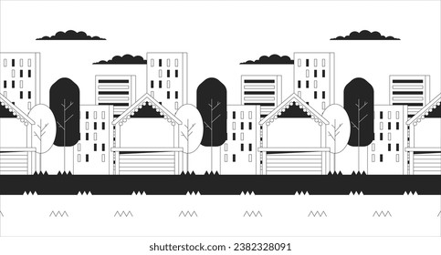 Fairground booths cityscape evening black and white lofi wallpaper. Empty fair showcases 2D outline cityscape cartoon flat illustration. Closed street kiosks row vector line lo fi aesthetic background