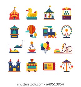 Fairground games and amusement park flat vector icons