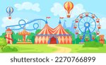 Fairground landscape. Panoramic amusement park, entertainment in daytime fun festival carnival circus, funfair carousel rollercoaster vector illustration of carnival amusement landscape, fun carousel