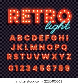 Fairground latin alphabet with light bulbs in retro style on transparent background realistic vector illustration