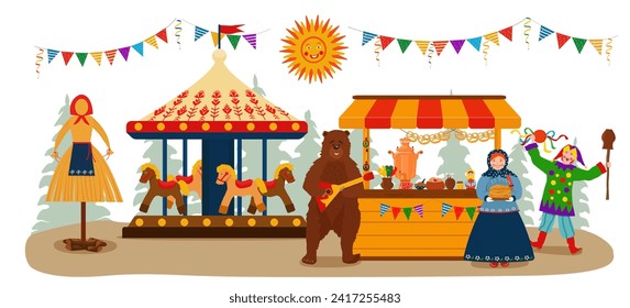 The fairground at the Maslenitsa festival. A tent with treats and a samovar, a carousel, buffoons. Vector illustration.