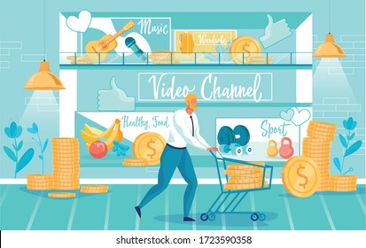 Fair-Haired Bearded Smart Dressed Man with Cart Full Golden Coin. Music, Wardrobe, Healthy Food, and Sport Video Channel on Popular Sharing Platform. Successful Blog Bringing Profit to Blogger.