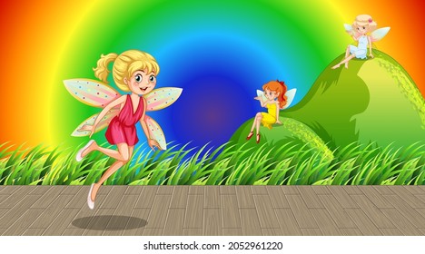 Fairies cartoon character on rainbow gradient background illustration