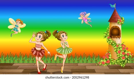 Fairies cartoon character on rainbow gradient background illustration