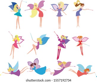  Set of fairies in cartoon style vector illustration isolated. Cartoon fairy vector set. Collection of fairies with wings and fairies with a magic wand fairy sitting, fairy standing, fairy flying.