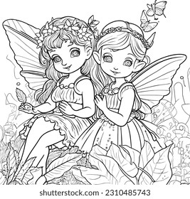 Fairies Coloring page outline, Vector illustration, coloring book for kids.