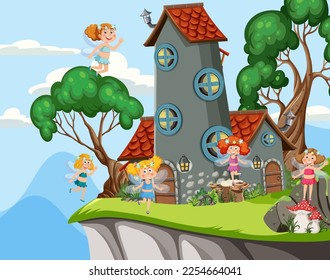 Fairies in fairy tales forest illustration