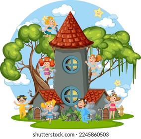 Fairies flying around fairytale tower illustration
