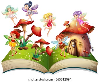 Fairies flying around the mushroom house illustration