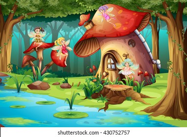 Fairies flying around mushroom house illustration