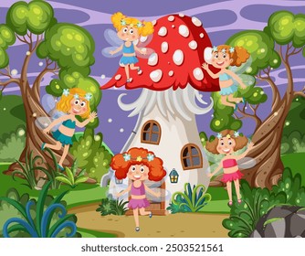 Fairies flying around a whimsical mushroom house