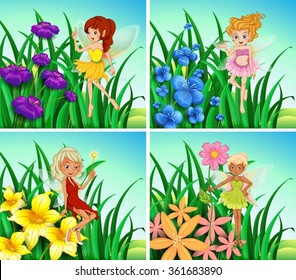 Fairies flying in the garden illustration