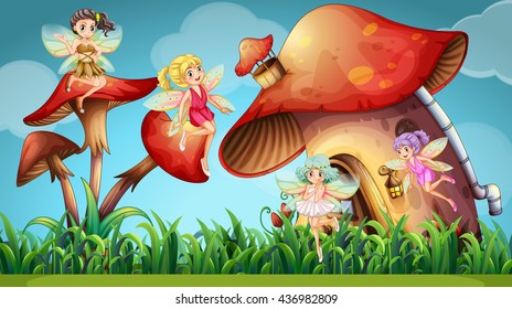 Fairies flying in the mushroom garden illustration