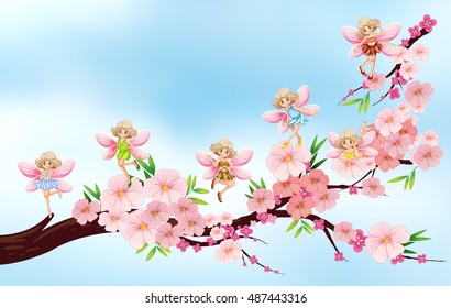 Fairies flying on blossom branch illustration
