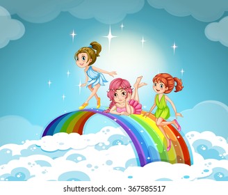 Fairies flying over the rainbow illustration