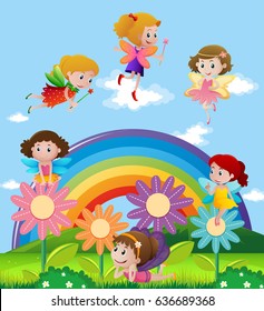 Fairies flying over the rainbow illustration
