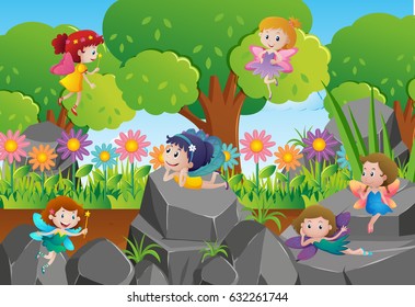 Fairies flying in the park illustration