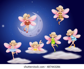 Fairies flying in the sky at night illustration
