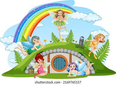 Fairies at hobbit house on white background illustration
