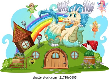 Fairies at hobbit house on white background illustration