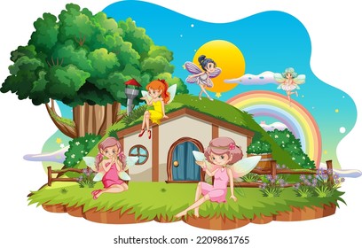 Fairies at hobbit house on white background illustration