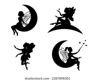 Fairies with moons. Mythical fairy tale characters in cute dresses. Magical fairies