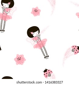 Fairies in pink shades seamless pattern. Cute little girl blowing magic dust from palms cartoon character. Glittering ladybugs, flowers with sparkles. Wallpaper, textile, wrapping paper design
