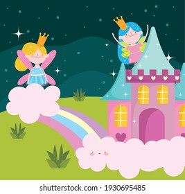fairies rainbow castle clouds grass