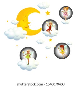 Fairies sitting on cloudns at night illustration