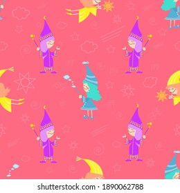 Fairies standing and flying on a pink background.