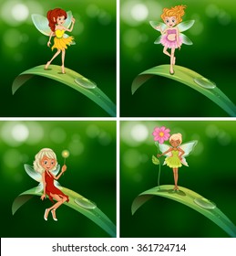 Fairies standing on green leaves illustration