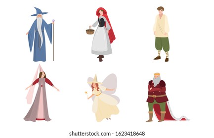 Fairies, wizard, king characters in special traditional costumes vector illustration