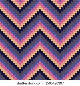 Fairisle zigzag chevron stripes knitted texture geometric vector seamless. Jacquard knitwear fabric print. Winter seamless knitted pattern. Fabric canvas illustration.