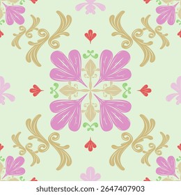 Fairly Tales Sweet Luxury Florals Baroque Medieval Inspired Twinkle Bling Design Needlecraft Embroidery Seamless Pattern. Elegance Tiles Floor Decoration Abstract Scroll Ornament Pink Green Gold Red