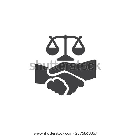 Fairness in agreement vector icon. filled flat sign for mobile concept and web design. Handshake with Scales glyph icon. Equality, justice, and diplomacy symbol, logo illustration. Vector graphics