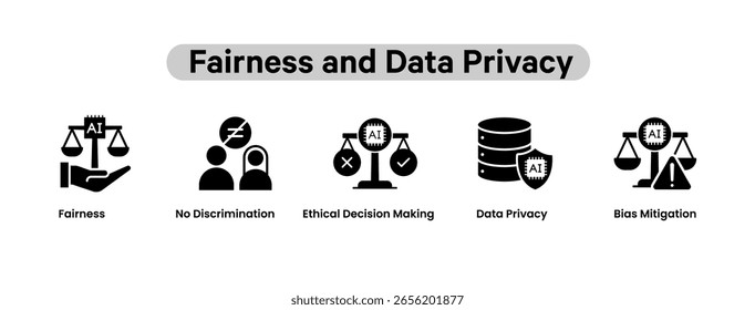Iconos de equidad y privacidad de datos. Equidad, Mitigación De Sesgos, Privacidad De Datos, Toma De Decisiones Éticas, No Discriminación. Iconos planos. Ilustración negra.