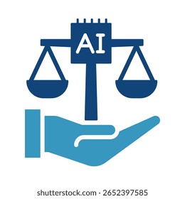 Ícone de equidade - Escala com a mão representando o tratamento igual, a imparcialidade e os padrões éticos nos sistemas de IA. Ilustração de vetor plano.