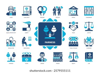 Fairness icon set. Judge, Equity, Punishment, Justice, Repentance, Liberty, Lawyer, Freedom. Duotone color solid icons