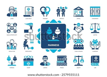 Fairness icon set. Judge, Equity, Punishment, Justice, Repentance, Liberty, Lawyer, Freedom. Duotone color solid icons