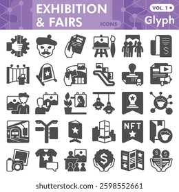 Fairs service symbols collection or sketches, exhibition theme bar in glyph style signs for web and app. Vector graphics isolated on white background