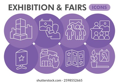 Fairs service symbols collection or sketches, exhibition theme bubbles in thin line style signs for web and app. Vector graphics isolated on white background