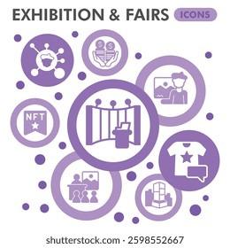 Fairs service symbols collection or sketches, exhibition theme bubbles in glyph style signs for web and app. Vector graphics isolated on white background
