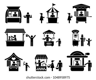 Fairs, street sellers and stands presented as pictograms. Collection of of various kiosks for use in public places. 
