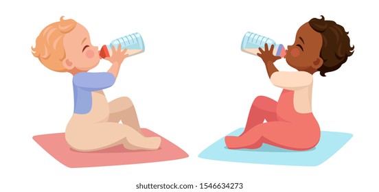 fair-skinned and dark-skinned babies drink baby formula from a bottle