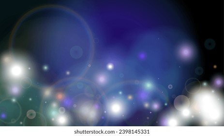 Fairy Abstract Defocused Light Spot Background Design. Christmas snowfall Vector Horizontal Illustration. Cosmic Print. Glitter confetti. Good for Banners, Posters, Covers, Flyers, Cards.