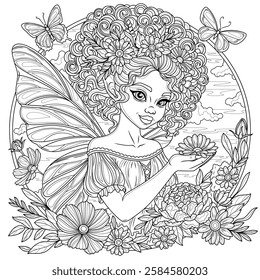 Fairy among flowers and butterflies in a circle .Coloring book antistress for children and adults. Illustration isolated on white background.Zen-tangle style. Hand draw