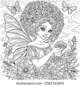 Fairy among flowers and butterflies.Coloring book antistress for children and adults. Illustration isolated on white background.Zen-tangle style. Hand draw