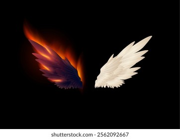 Fairy angel and demon wings. Phoenix black wing with fire flame effect. White dove bird wing. Fantasy feather decorations. Cartoon vector illustration isolated on black background