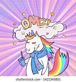 Fairy animal unicorn and speech bubble with text OMG! Vector bright background in pop art retro comic style.