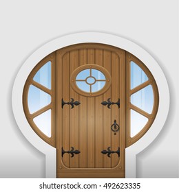 Fairy arched wooden door with round windows. Entrance to the home. Vector graphics